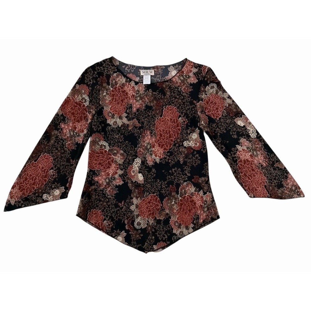 MKM Designs Y2K Floral Top Women’s‎ Large Asymmetrical Hem Long Sleeve USA
